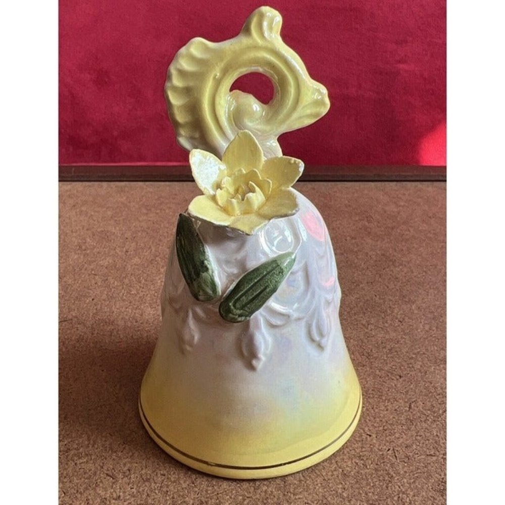Vtg Japan Applied Yellow Flower Gold Trim Porcelain BELL Iridescent J-197 4”